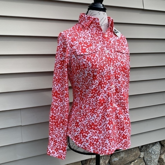 L.l. Bean Floral Print Cotton/Lycra Button Down Shirt - Red/White - Picture 2 of 13
